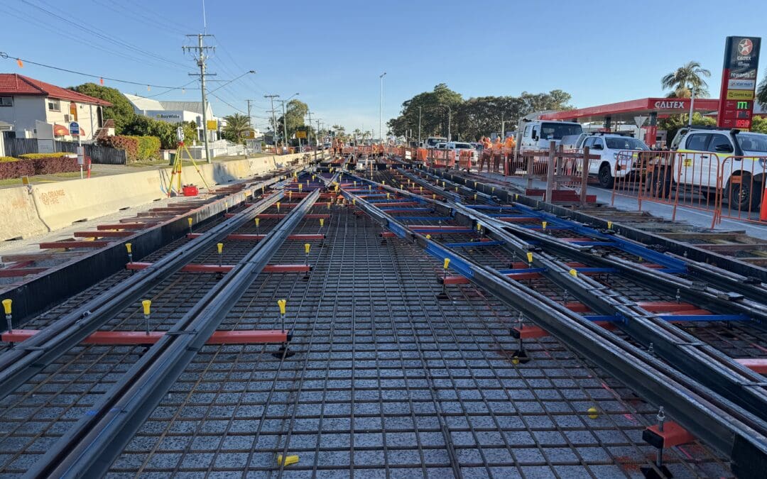 Light rail track slab and rails under construction on the Gold Coast